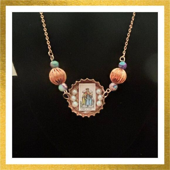 Hand Crafted BOTTLE CAP Pendant TAROT CARD Beaded Necklace - Picture 1 of 1